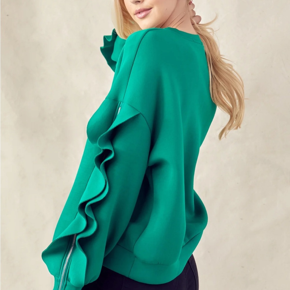FERRA STRETCH FRENCH SCUBA TOP WITH RUFFLED ZIPPER SLEEVES
